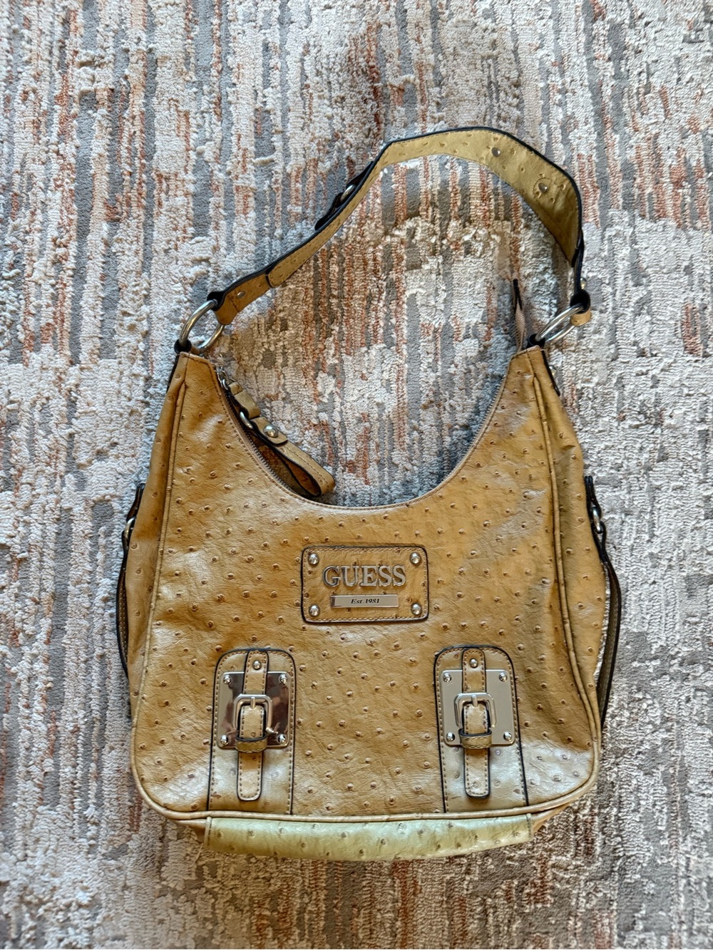 GUESS Tan Ostrich-Embossed Faux Leather Shoulder Bag